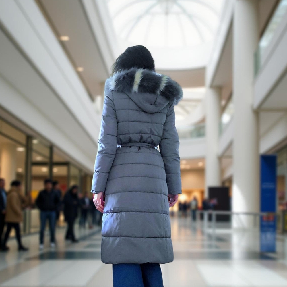 Women's Gray Puffer Midi Coat with Fur Hood - Picture 4 of 11